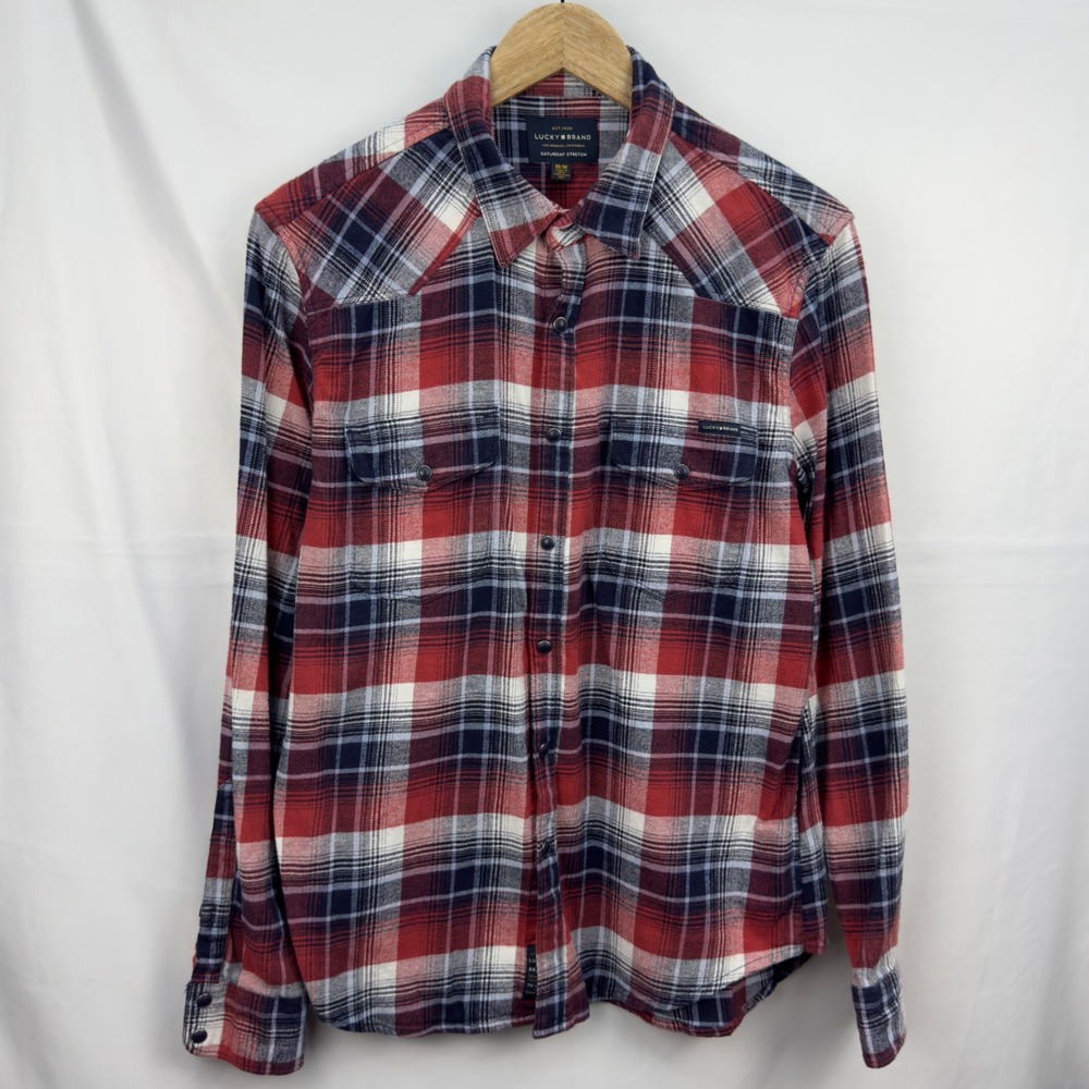 Lucky Brand Flannel Shirt Plaid Western Style Long Sleeve‎ Red Blue M
